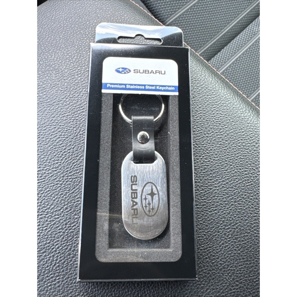 Subaru Premiumโ Brushed Stainless Steel Black Leather Keychain SOA342L162